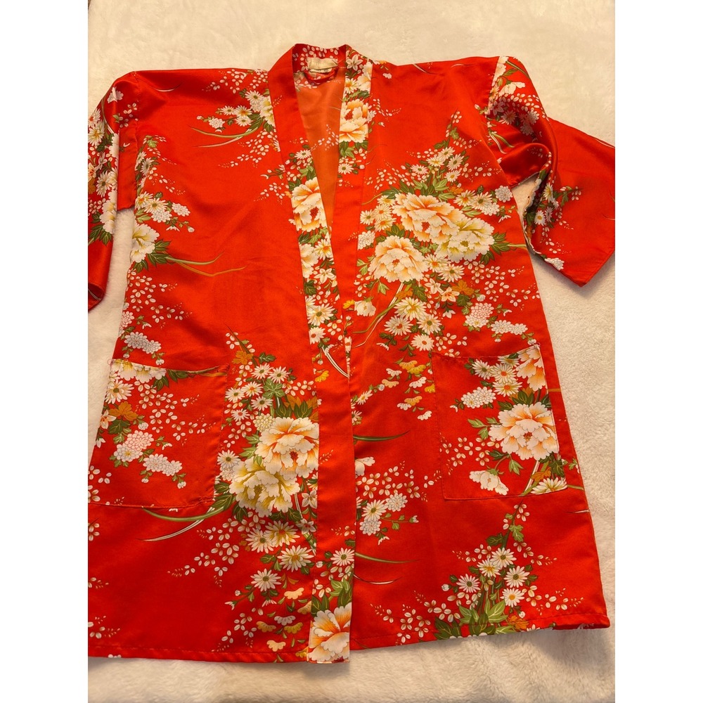 Vintage Made in Japan Orange Floral Kimono Robe Floral Print Loungewear
